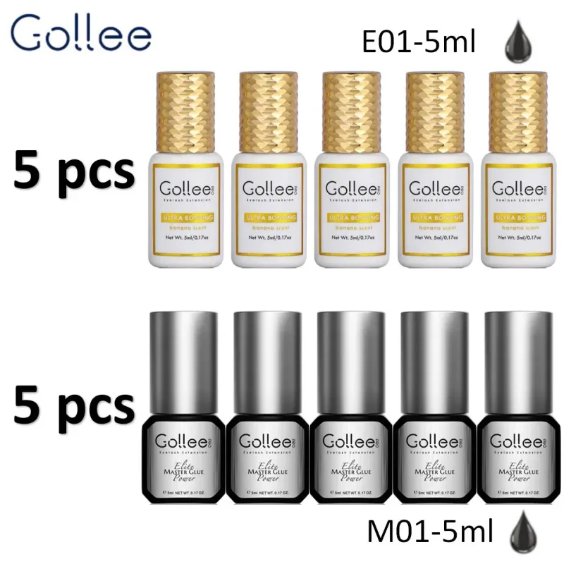 Gollee 5pcs Pink Clear Eyelash Grafting Glue And Gollee 5pcs Fast Drying Black Eyelash Extension Adhesive Private Label Accepted