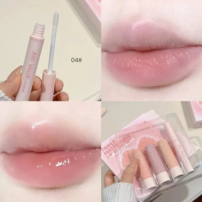 VALOR DA ARTE 4 PCS Conjuntos de maquiagem labial incluem 3 cores batom líquido fosco aveludado e 1 kit de cosméticos de óleo bálsamo labial gloss duradouro