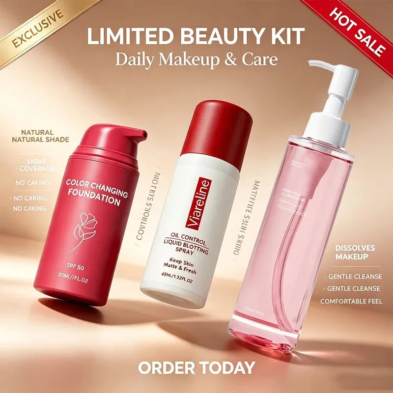 Kit de maquiagem 3 em 1, óleo de limpeza, base em spray, fosco, longa duração, hidratante suave, acabamento natural, conjunto diário
