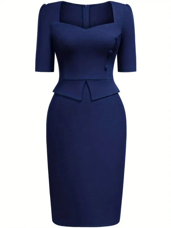 Vestido feminino elegante com gola quadrada, manga curta, escritório, comprimento do joelho, sólido, casual, festa, lápis peplum, bainha bodycon