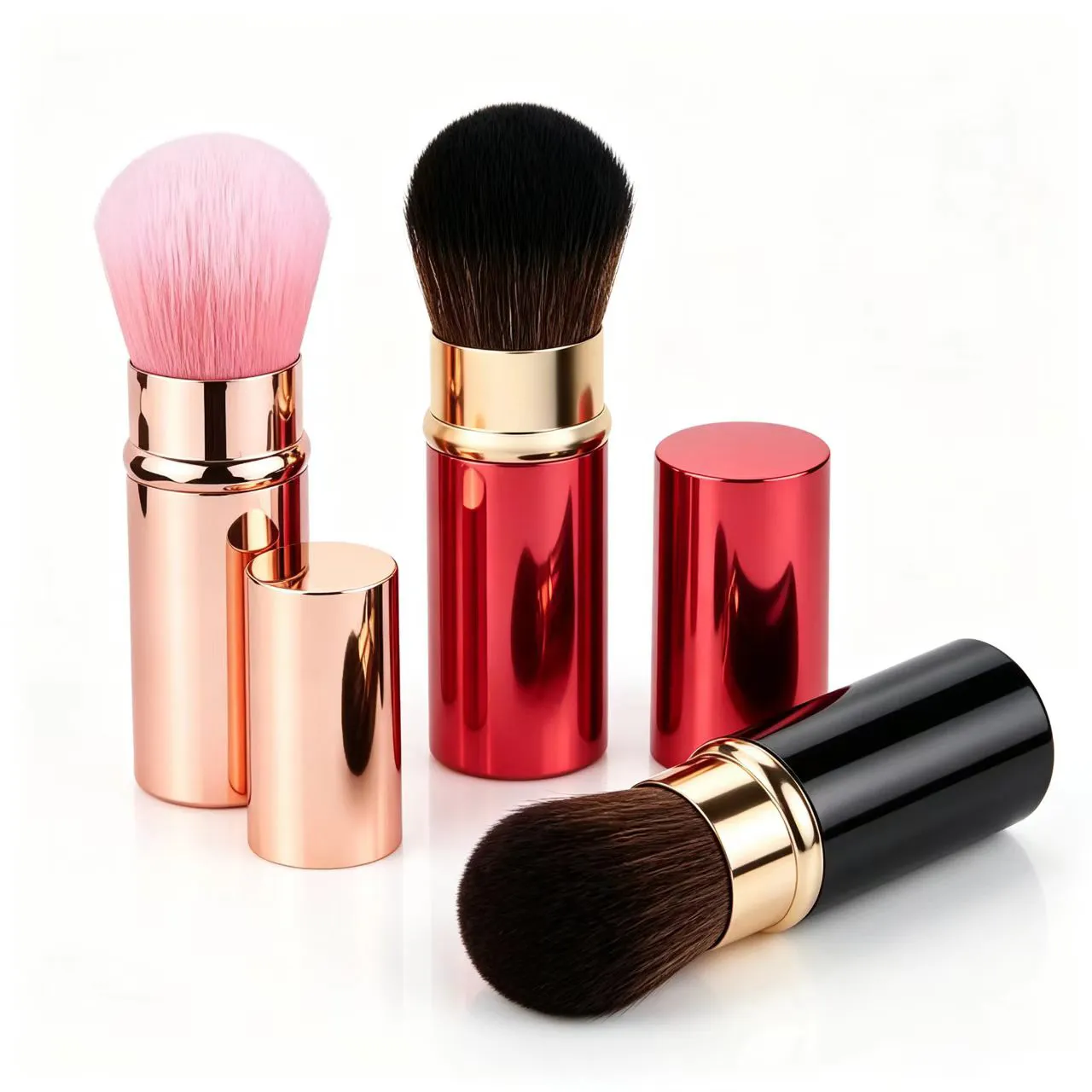 Conjunto de pincéis de maquiagem telescópicos portáteis prontos para viagem - alça de metal para pó de contorno blush tamanho compacto perfeito para On-the-G
