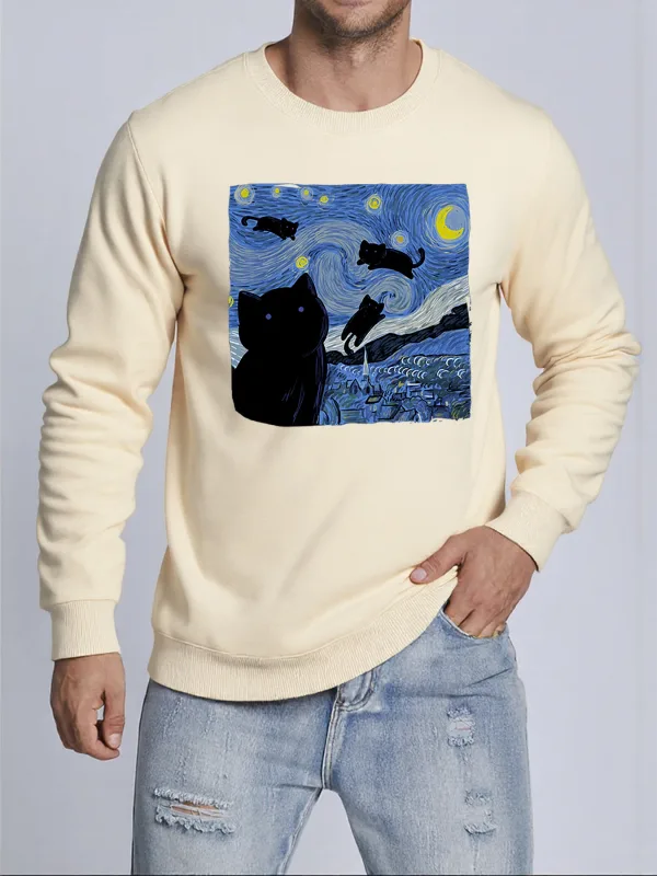 Van Gogh Starry Night Cat Printed Pullovers Unisex Thicken All-Match Sweatshirt Hip Hop Loose Hoodie Autumn Casual Sweatshirts