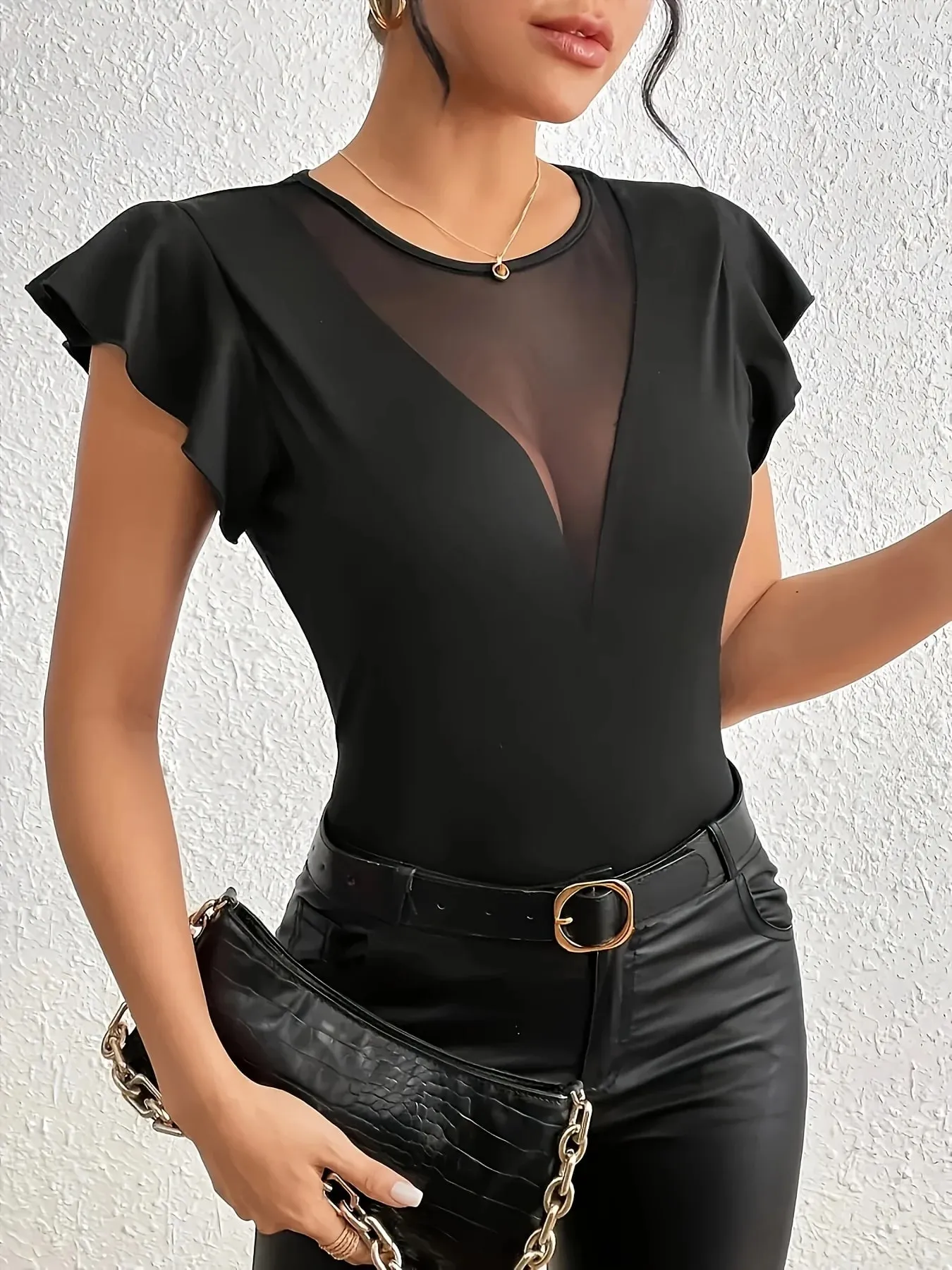 Sexy Deep V Sheer Mesh Patchwork Manga Flutter Slim Fit Bodysuit