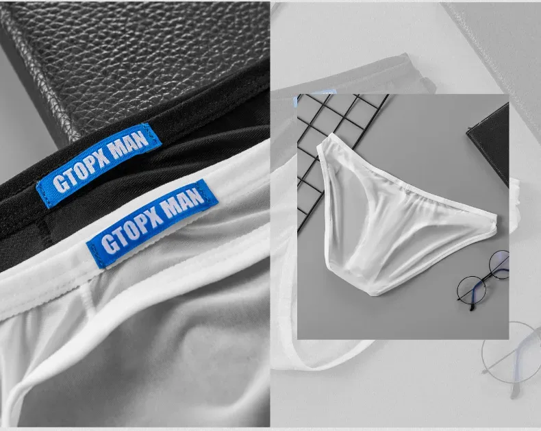 Cueca masculina sexy fina de seda gelo translúcida cuecas u bolsa ropa interior hombre calcinha masculina
