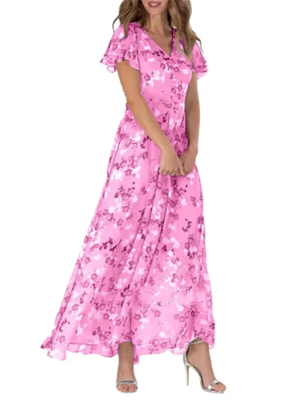 Women Elegant Ruffle Short Sleeve V Neck Pullover Dresses Sweet Style Small Flower Print High Waist Dress Female New Casual Gown