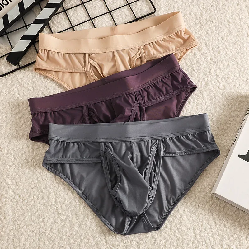 Open Front Fly Pouch Underwaer Men Scrotal Support Sports Briefs Ice Silk Breathable Underpant Bullet Separate Healthy Panties