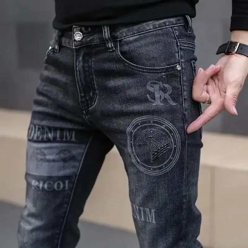 High End Elegante Clássico Distintivo Impresso Preto Stretch Denim Jeans para Homens de Alta Qualidade Slim Fit Stretch Calças Jeans de Luxo