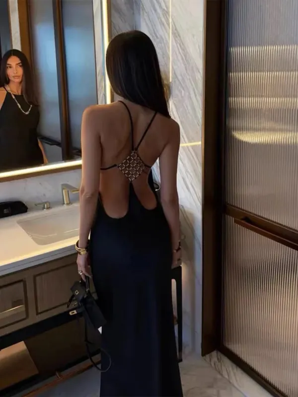 Sólido halter sem costas lado recorte maxi vestido feminino estiramento jérsei até o chão magro bodycon vestidos noite clube férias robe — image 12