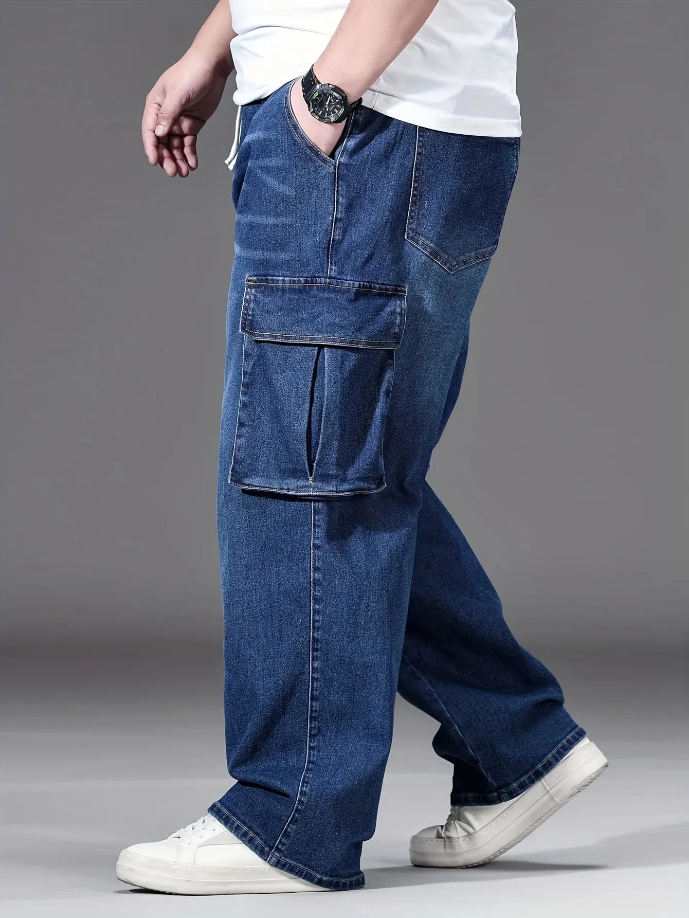 2026 novos homens calças de brim de grandes dimensões cintura alta elástico cordão estiramento baggy denim calças casuais versátil plus size
