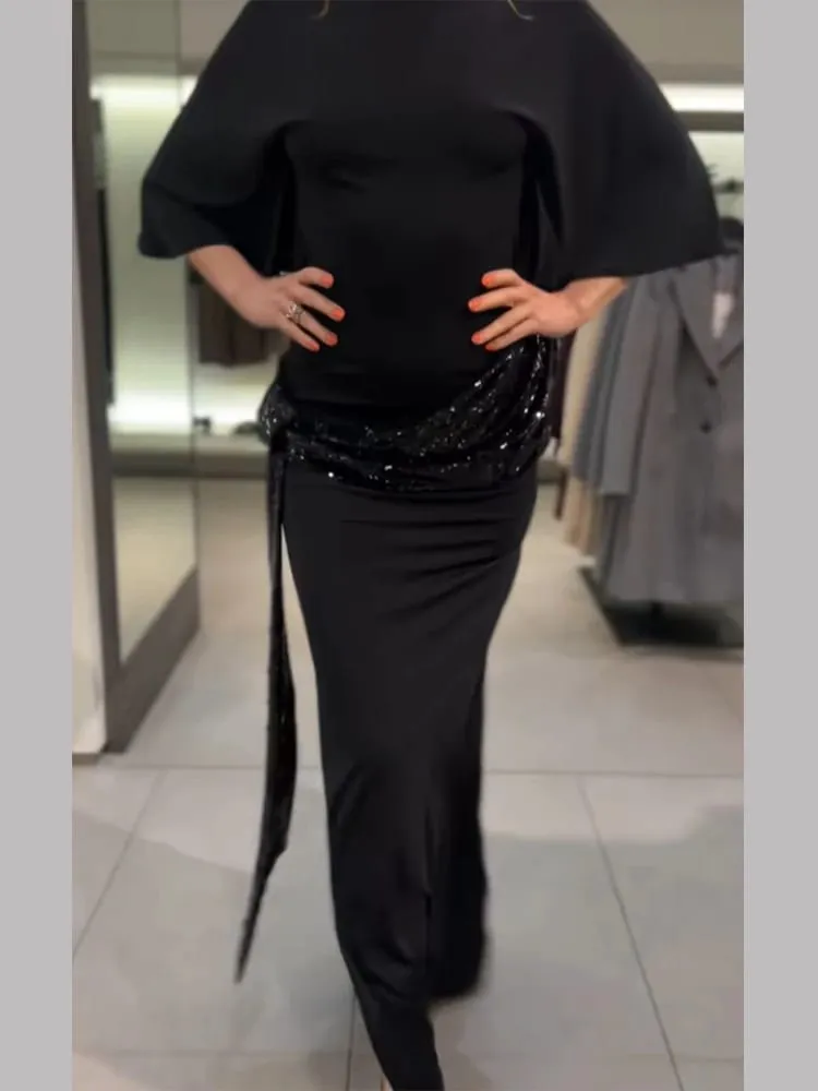 Lantejoulas retalhos sem costas vestido feminino elegante sólido manga média cinched-cintura magro vestidos longos moda festa de noite