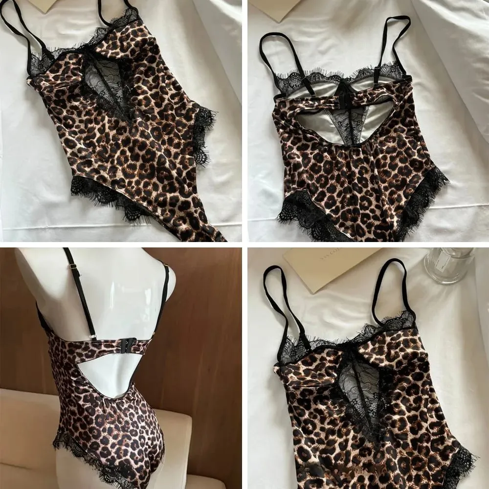 Sexy leopardo impressão halter bodysuit para mulher fina estiramento renda lingerie de uma peça com pescoço pendurado — image 2