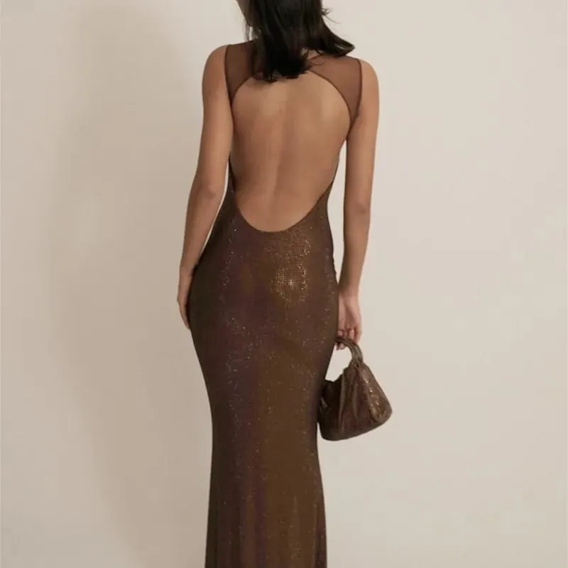 Multi cores sem costas brilhantes strass malha retalhos vestido longo para mulheres magro bodycon festa à noite vestidos de cocktail