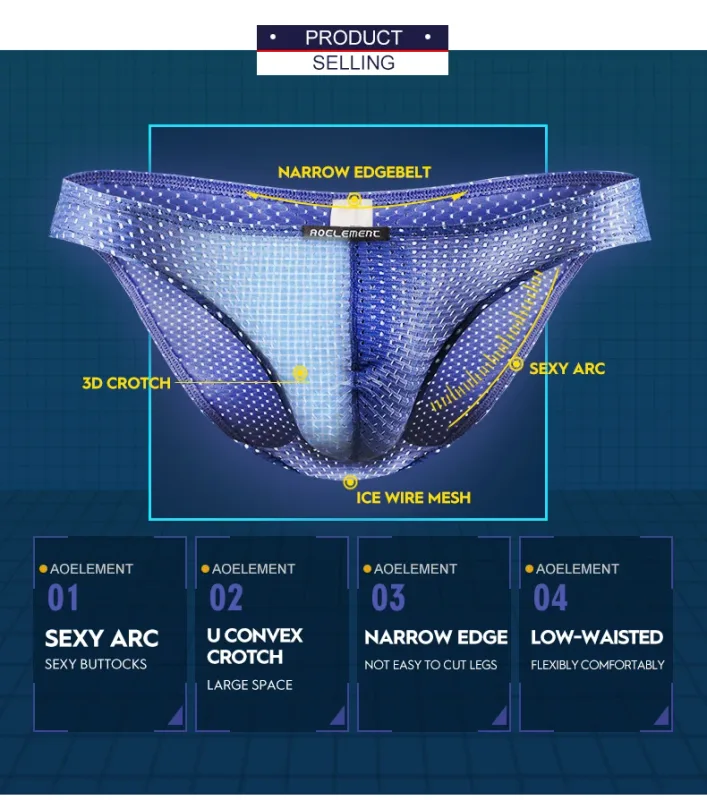 2PCS Tight ice silk transparent briefs men's small briefs mesh eyes youth bottoms breathable