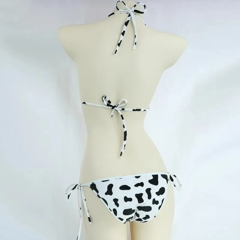 Conjunto de biquíni feminino estilo japonês bonito leite vaca pontilhada mini conjuntos de biquíni roupa interior halter pescoço sutiãs topo com cuecas calcinha