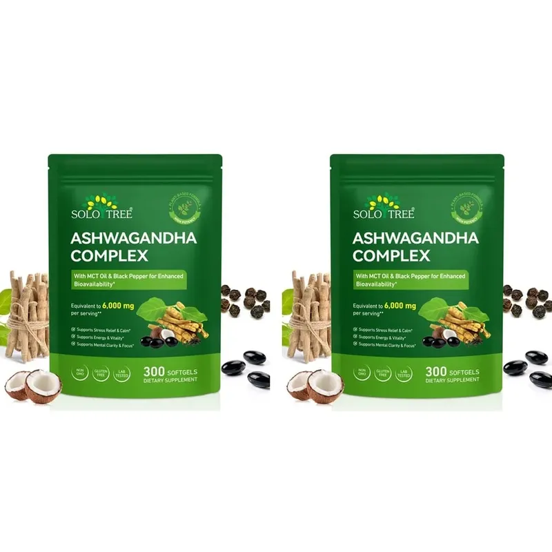 Solo Tree Ashwagandha Complex Softgels Suporta Alívio do Estresse Calma Clareza Mental Foco com Óleo MCT e Pimenta Preta 300 Softgels