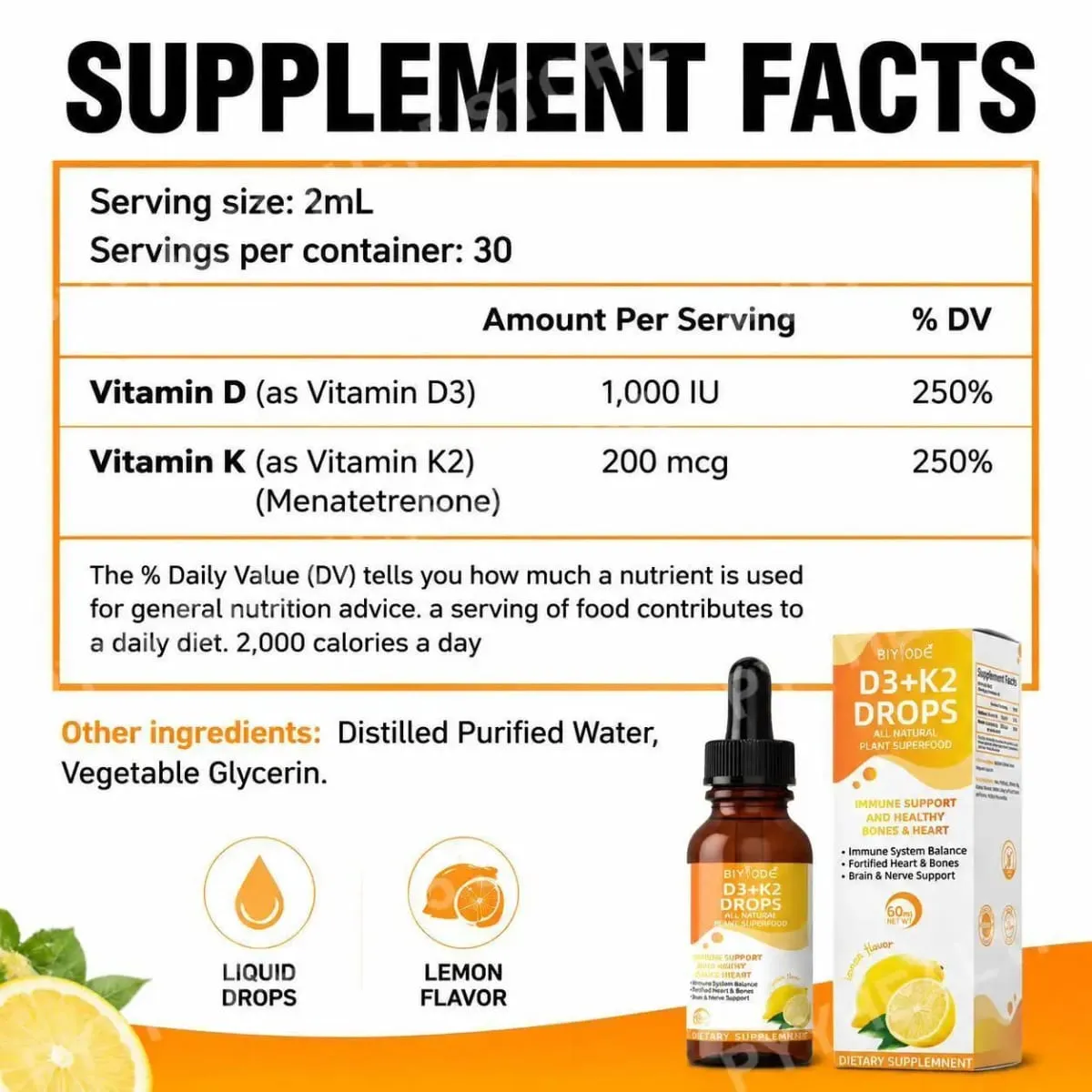 Vitamina D3 K2 Gotas Líquidas Absorção de Cálcio e Suporte Ósseo 1000 UI D3 com Sabor Limão K2 60 ml 30 Porções