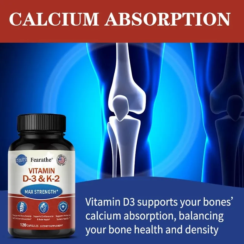 Vitamin D3 & K2 MK-7 Capsules Support Bone Teeth Joint Cardiovascular & Immune System Health Boost Calcium Absorption