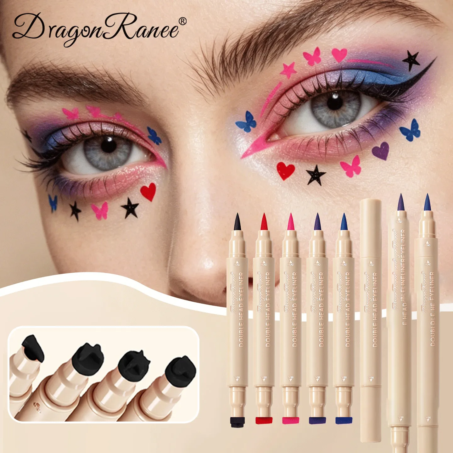 Delineador líquido com carimbo de cabeça dupla, à prova de manchas, secagem rápida, à prova d'água, 2 em 1, colorido, amor, estrela, borboleta, linha de olhos, maquiagem