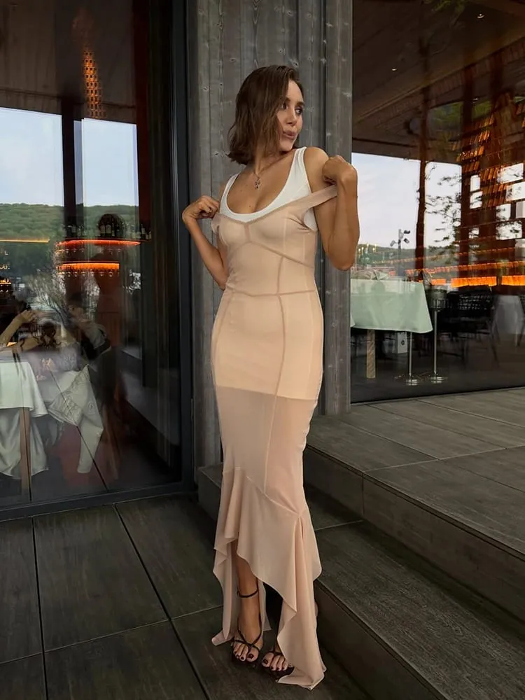 2026 Summer Sheer Mesh Overlay Spaghetti Strap Midi Dress Waist Cinched Sleeveless Women Accessories Versatile Chic Lady Outfit