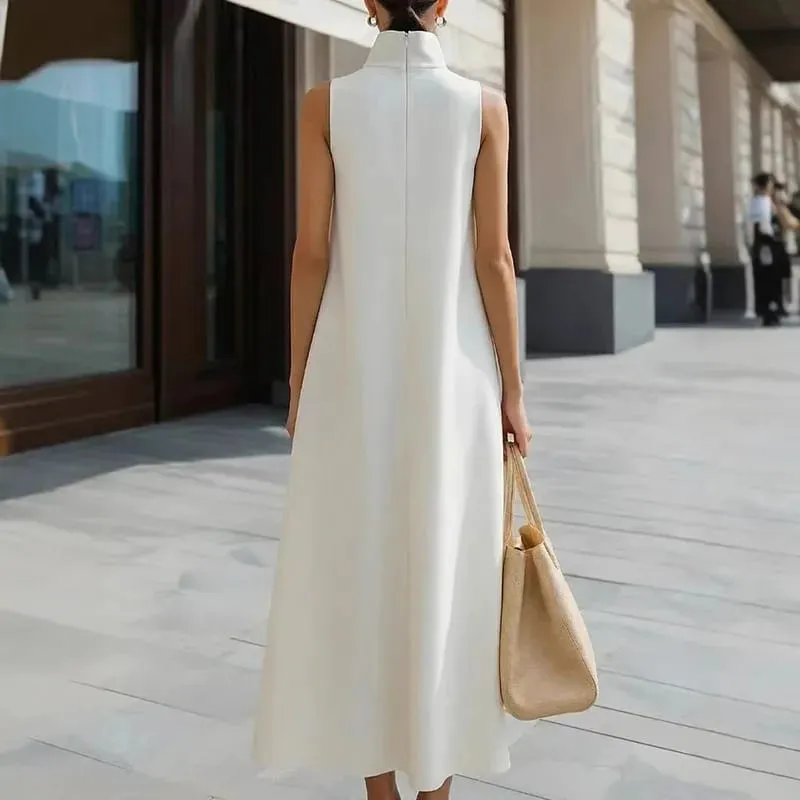 Moda simples único botão gola alta maxi vestido feminino primavera sólido bolso a linha vestido longo verão sem mangas vestidos boêmios