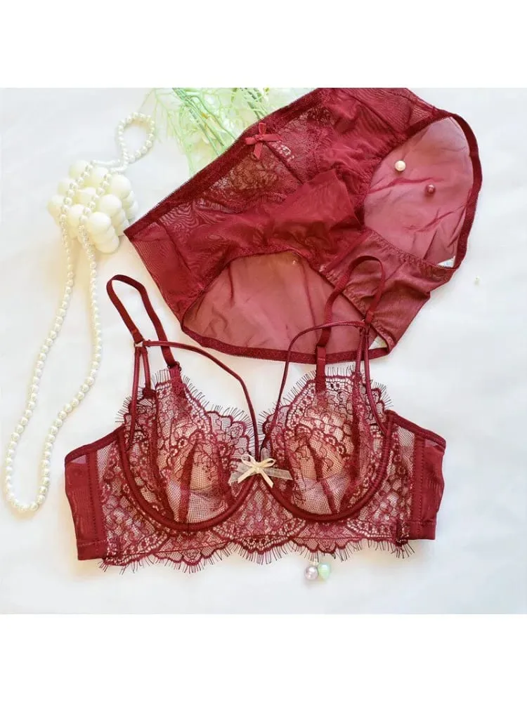 Coreano tendência quente puro desejo conjunto de sutiã de renda underwire copo fino push up grande busto visualmente pequeno anti droop lingerie 32-38 quente — image 3