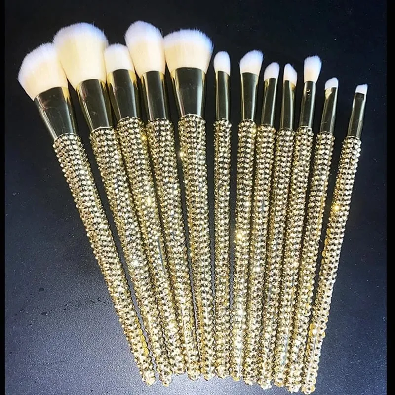 Pincéis de maquiagem cravejados de diamantes 12 Pçs/set Gemas Ferramentas de beleza de maquiagem Full Diamond Loose Powder Foundation Pincel corretivo Bling