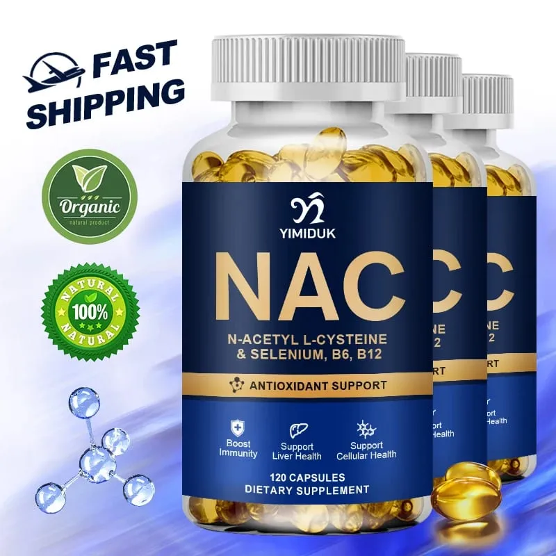 Cápsulas NAC puras com vitamina B12 apoiam a hidratação da pele, antioxidante, desintoxicação da saúde celular imunológica, homens e mulheres