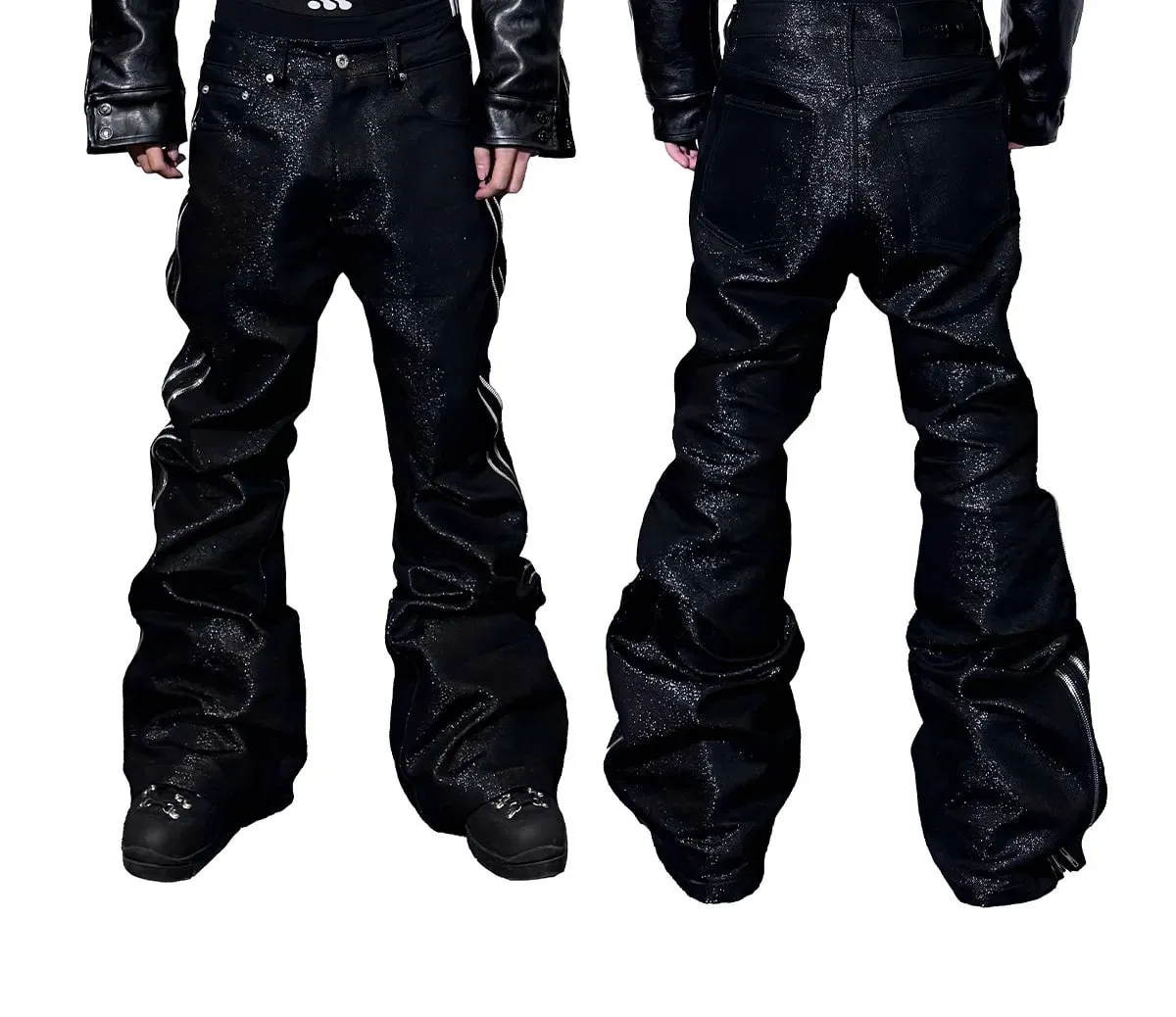 Alta qualidade fio de prata tecido textura de metal bootcut jeans homem lado duplo zíper gótico punk empilhados jeans