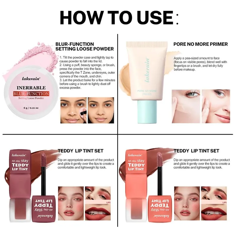 4pcs/set Pore No More Primer + Lip Tint + Loose Setting Powder Makeup Set Matte Long-Lasting Waterproof Effect Travel Portable