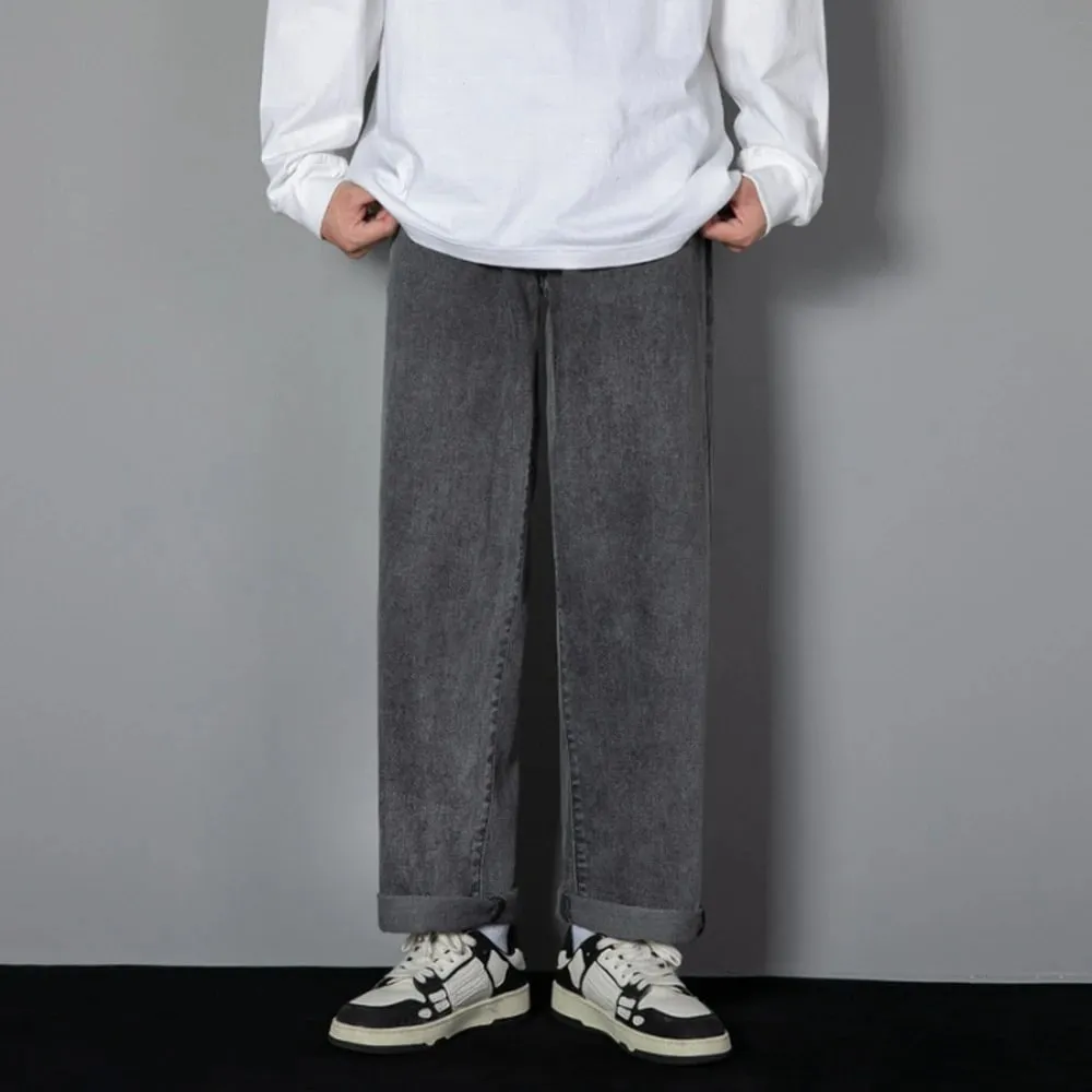 Korean Solid Colors Men's Casual Long Jeans Classic Man Four Seasons Straight Denim Wide-leg Pants Light Blue Grey Black 3XL