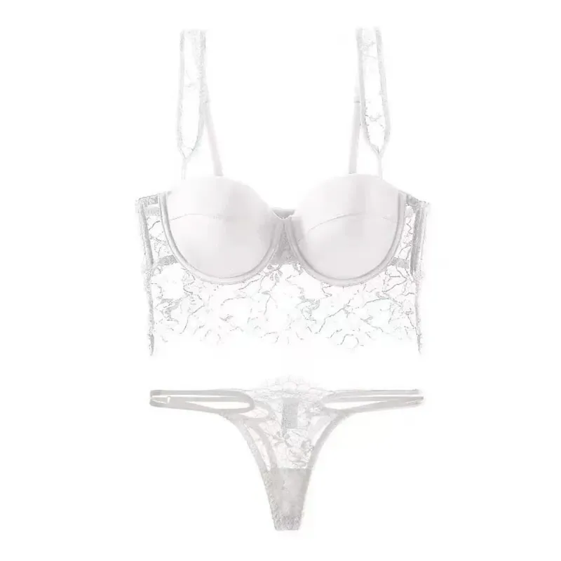 Conjunto de 2 peças de lingerie feminina chique de renda com aro macio, costas em U profundas, copo fino, push-up, verão, respirável, roupa íntima íntima S-XL