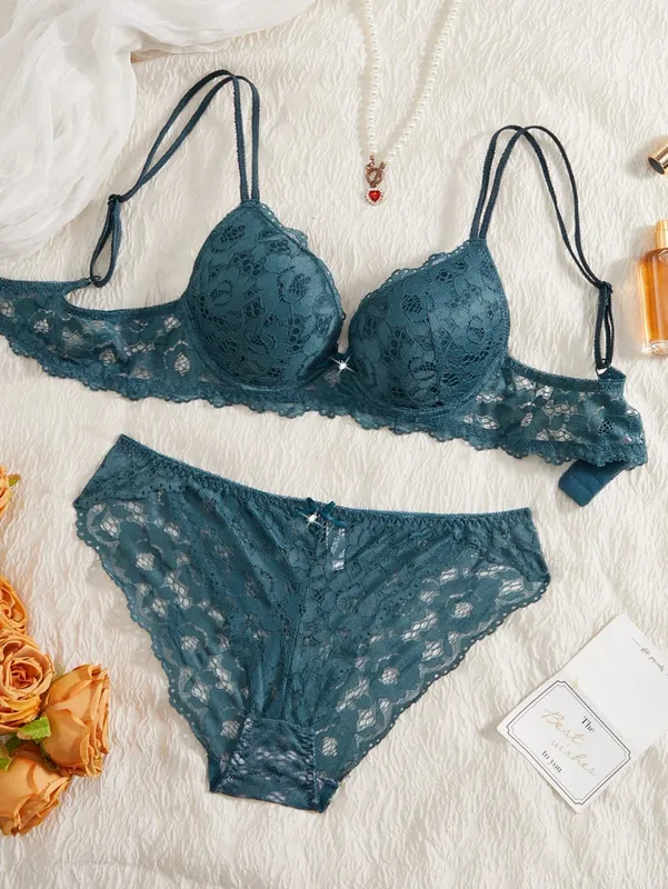 Conjunto de lingerie sexy feminina renda patchwork cor sólida laço strass embelezado push-up alça de ombro dupla sem forro roupa íntima confortável renda semitransparente calcinha respirável