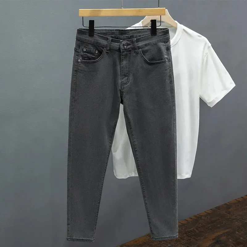 Calças de brim masculinas de ajuste fino primavera verão fino algodão macio elástico na moda tornozelo comprimento calças retas coreano simples denim