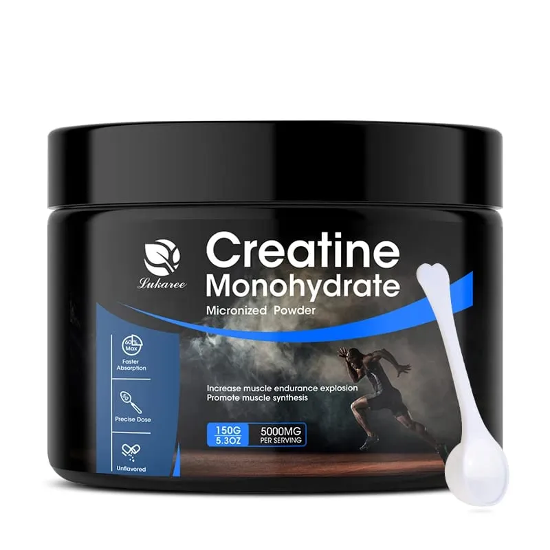 Suplementos de creatina Lukaree monohidratados para crescimento muscular, resistência e suporte energético, aumentam o desempenho atlético do homem musculoso