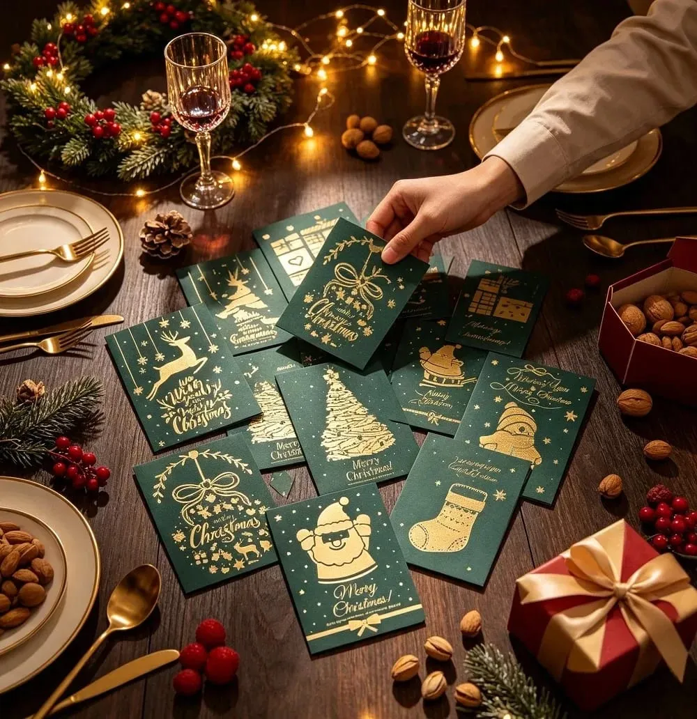10 pçs vintage folha de ouro cartões dobráveis ​​de natal multi padrão bênção cartões de férias cartões de presente de ano novo
