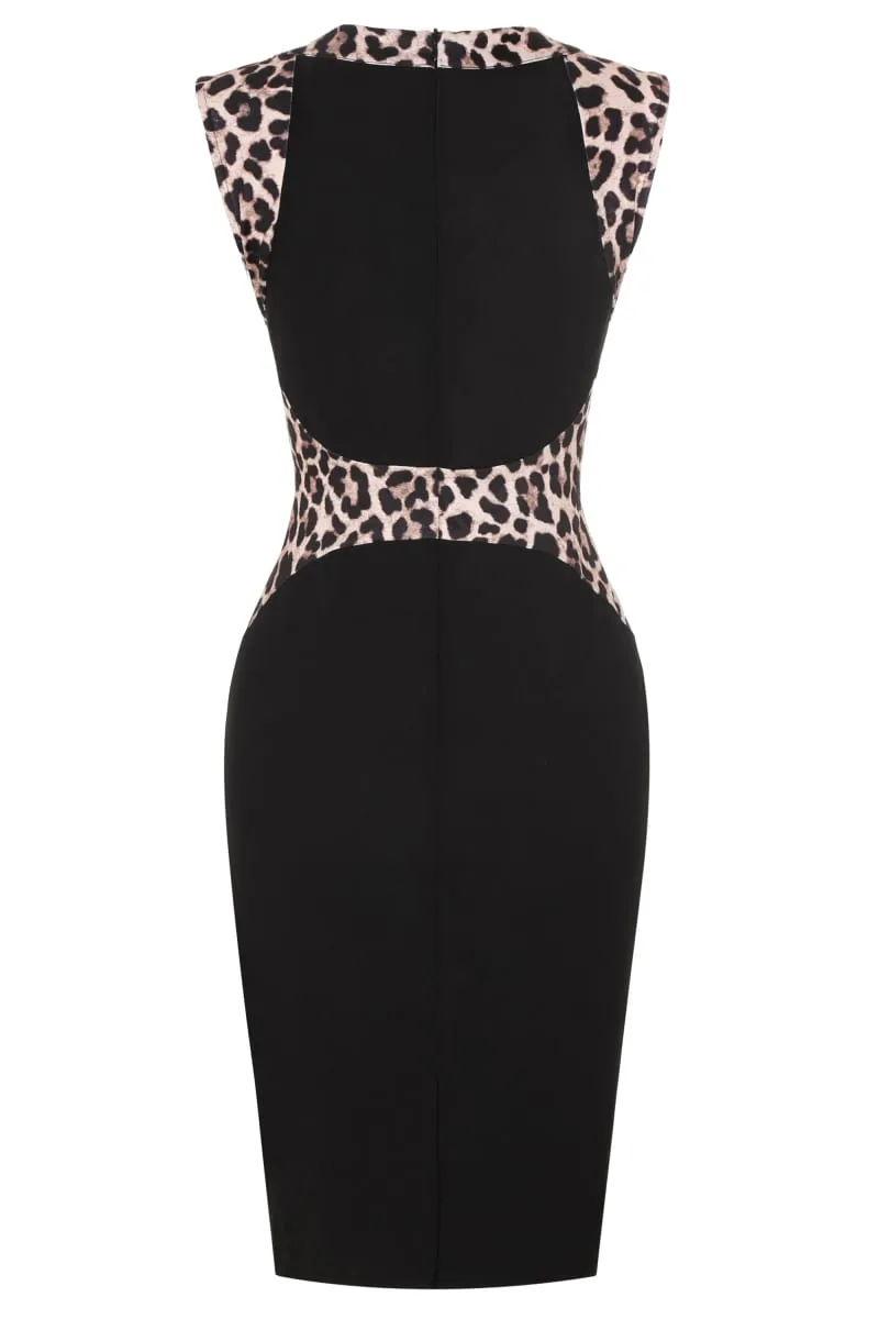 Feminino leopardo retalhos tripulação pescoço sem mangas cocktail na altura do joelho negócios casual festa verão lápis bodycon vestido bainha