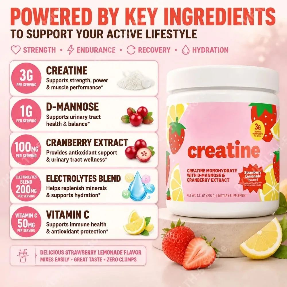 Suplemento de creatina monohidratada em pó 3g, fórmula vegana, sabor limonada de morango, açúcar zero para um estilo de vida ativo — image 5