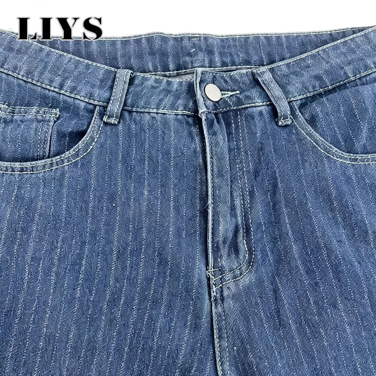 Men Vertical Thin Stripe Jacquard Baggy Denim Pants Classic Blue Loose Wide Leg Straight Leg Vintage Washed Jeans