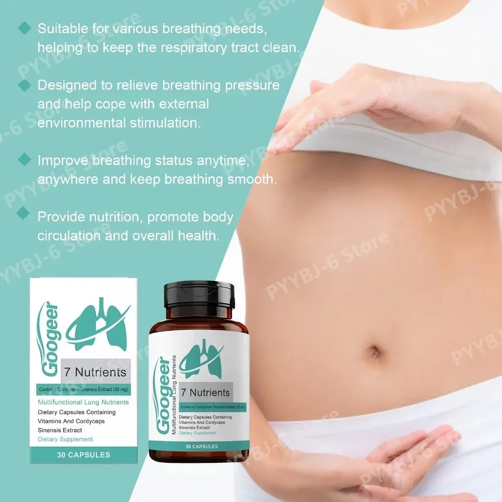 Googeer 7 Nutrientes Cápsulas de Nutrição Pulmonar com Extrato de Cordyceps Sinensis e Vitaminas Suplemento Diário de Bem-Estar Respiratório 30Ct