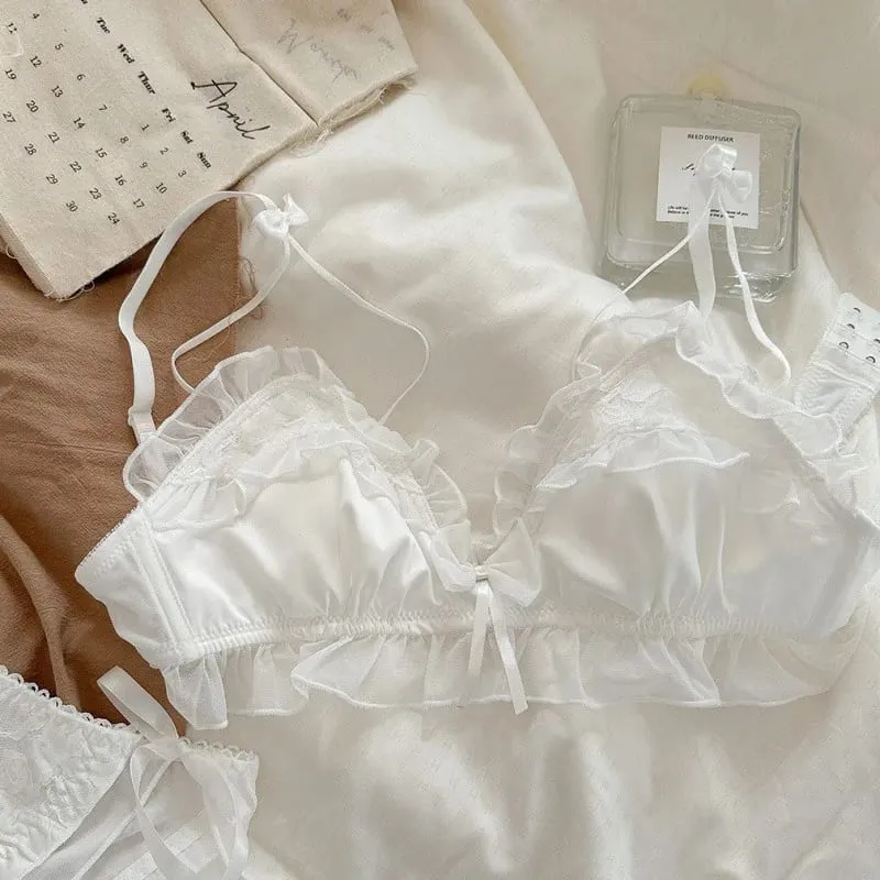 Sexy sutiã de renda fino respirável seios pequenos reunidos anti-flacidez confortável não-aço anel gravata borboleta meninas conjunto de roupa interior — image 5