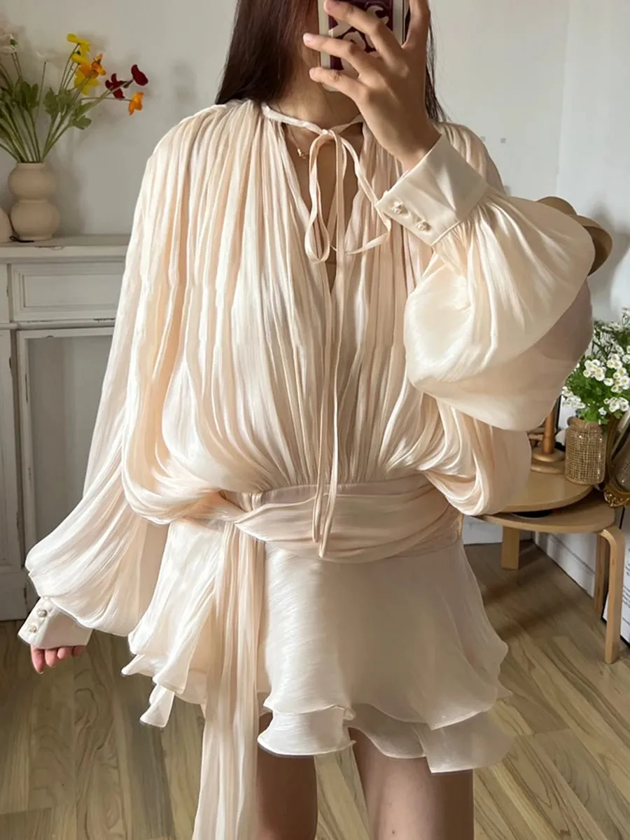 Blusa sólida mini vestidos para mulheres com decote em v manga longa emendado rendas até vestido estilo doce roupas femininas moda — image 1