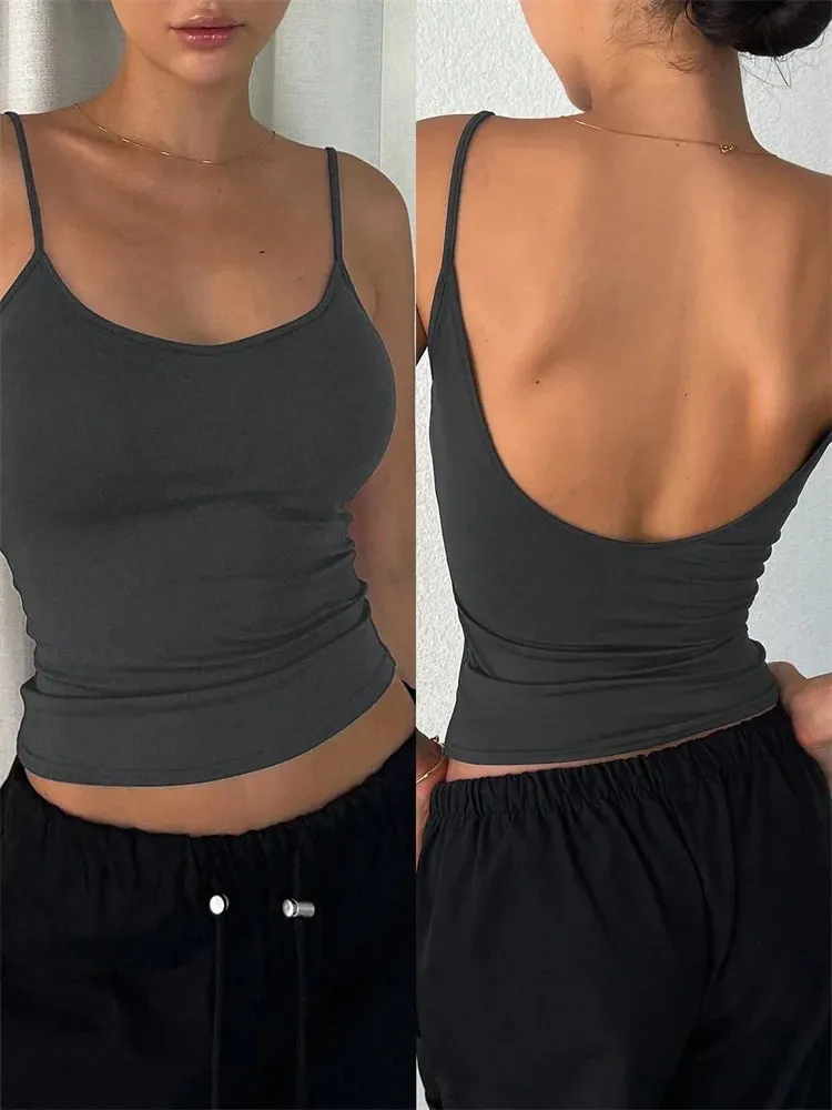 Mulheres sem costas cami colheita topo verão cor sólida casual sem mangas topo streetwear y2k roupas — image 8