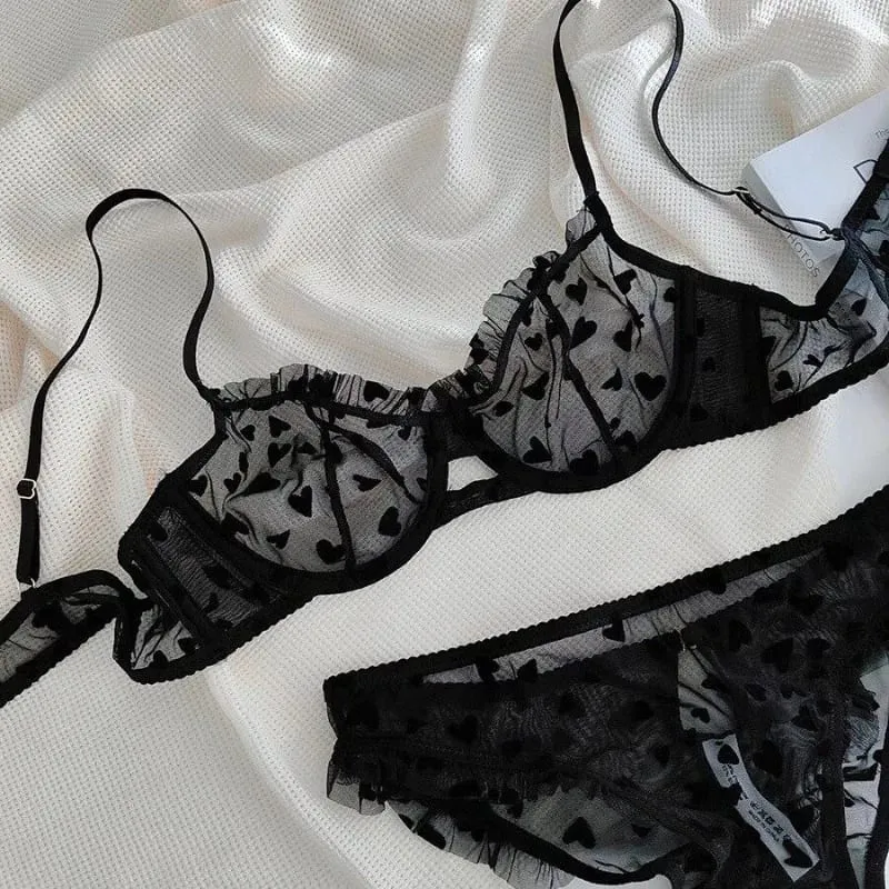Conjunto de lingerie transparente com estampa de coração francês, sutiã ultra fino com armação, renda sexy, push up, reunião, pequeno impulso de peito, venda quente — image 3