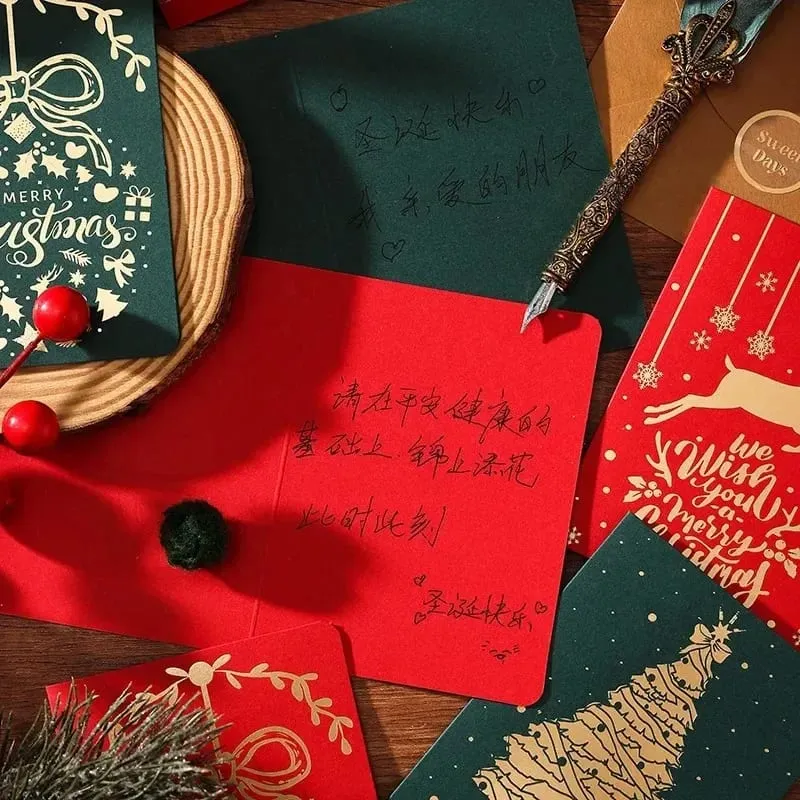 10 pçs vintage folha de ouro cartões dobráveis ​​de natal multi padrão bênção cartões de férias cartões de presente de ano novo
