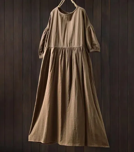 Johnature vestidos femininos de algodão vintage, gola redonda, meia manga, macio, cor sólida, roupões, verão 2025, novo, casual, linha a, vestido feminino