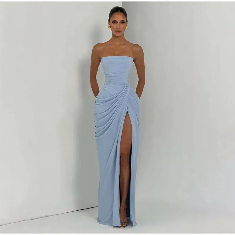 여성 섹시 솔리드 Pleated 드레스 레이디 세련된 오프 어깨 Backless Strapless 높은 허리 분할 드레스 2026 여름 저녁 파티 가운