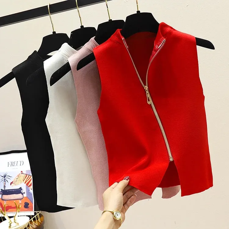 2026 Summer Spring zipper Knit Tank Top Cami Korean Camisole Elastic Vest O Neck Solid Color New Slim Breathable Tops White