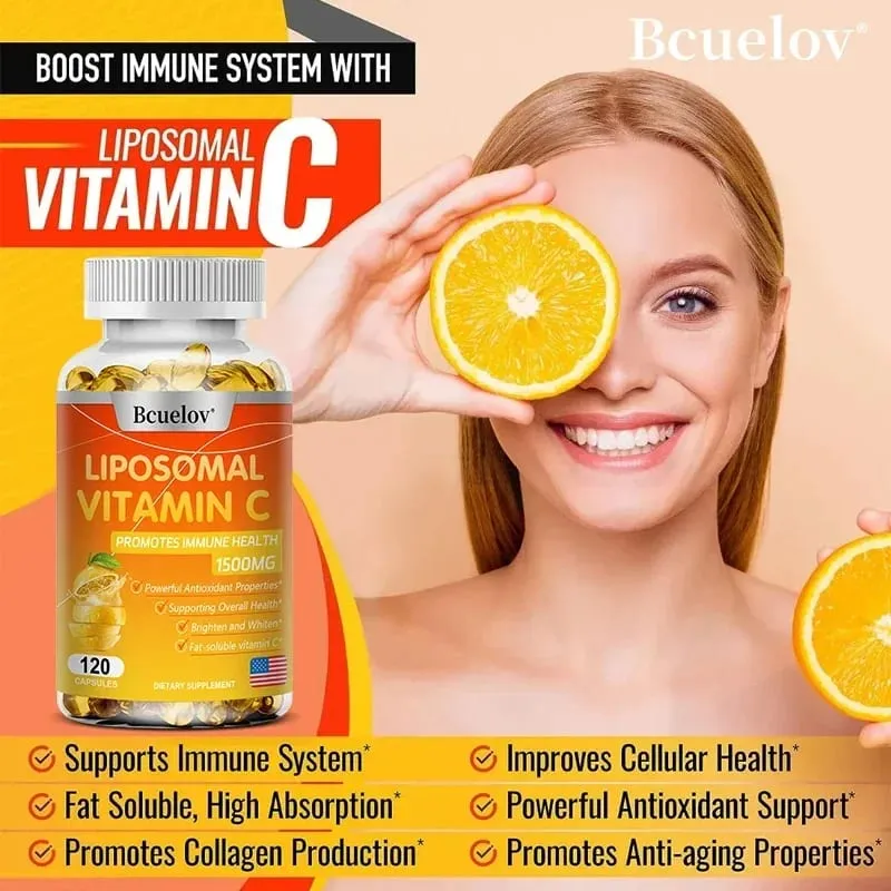 Cápsulas lipossomais de vitamina C, poderoso antioxidante, promove a produção de colágeno e apoia a saúde da pele 1500mg