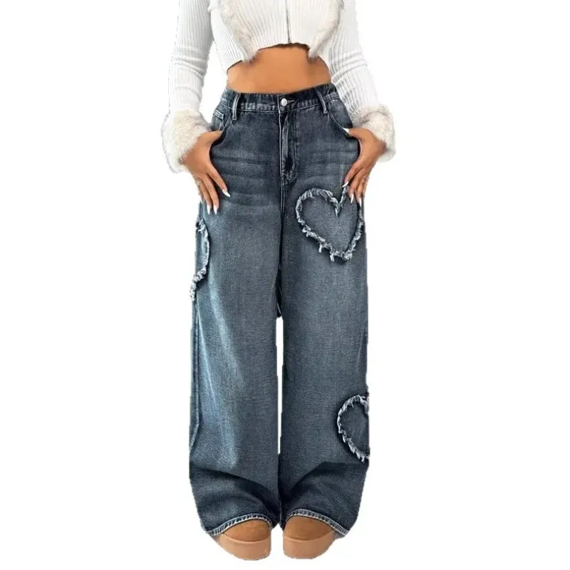 American Retro Frayed Edge Patchwork Heavy Washed Denim Jeans Unisex Street Loose Straight Wide-Leg Trousers 21095