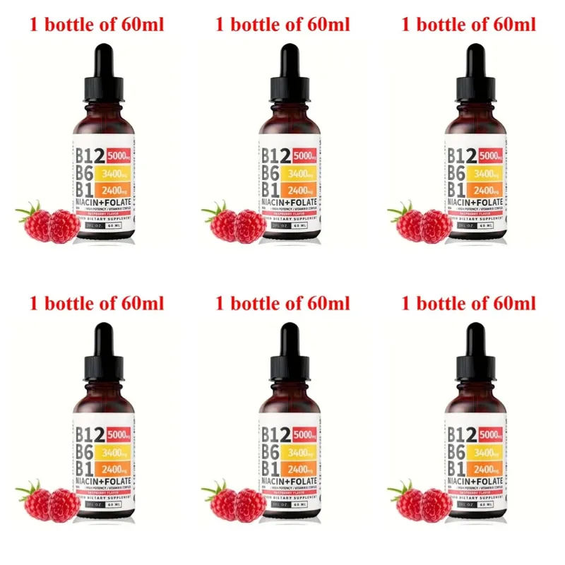 Gotas líquidas de complexo de vitamina B 5 em 1 B12 B6 B1 Niacina Folato Suporte para metabolismo de energia normal Saúde do sistema imunológico